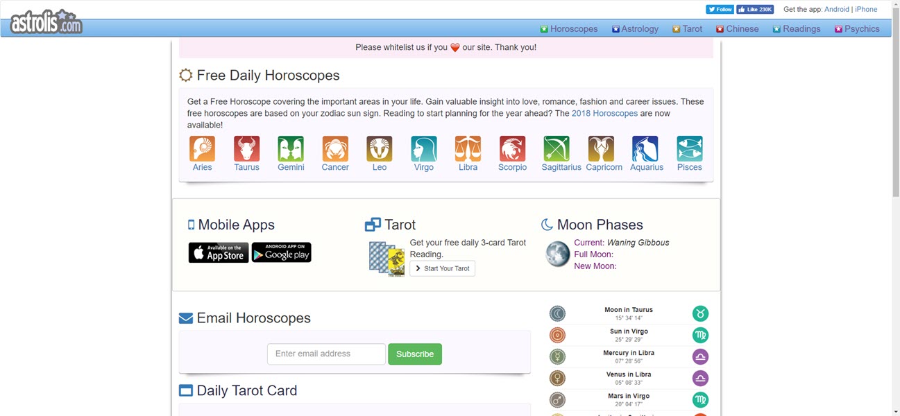 screenshot of astrolis website