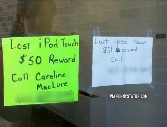 upsale on reward for missing ipod